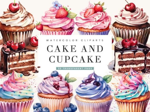 Download Watercolor Cake and Cupcake Clipart - Cake and cupcake Collection